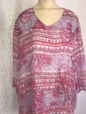 Boho Tribal Print Tunic Blouse | Pink Floral V-Neck Oversized Top Lagenlook